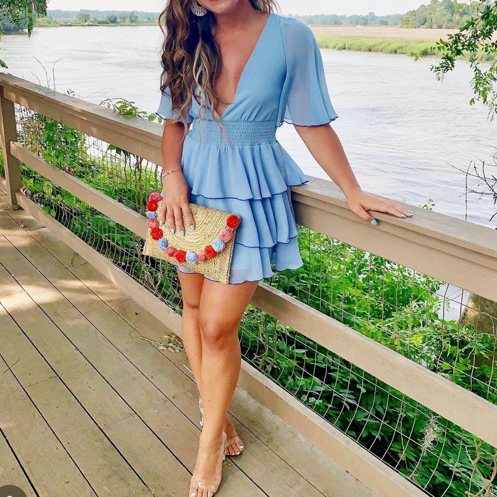 Lover and friends Billie mini dress blue ruffle tier drop waist